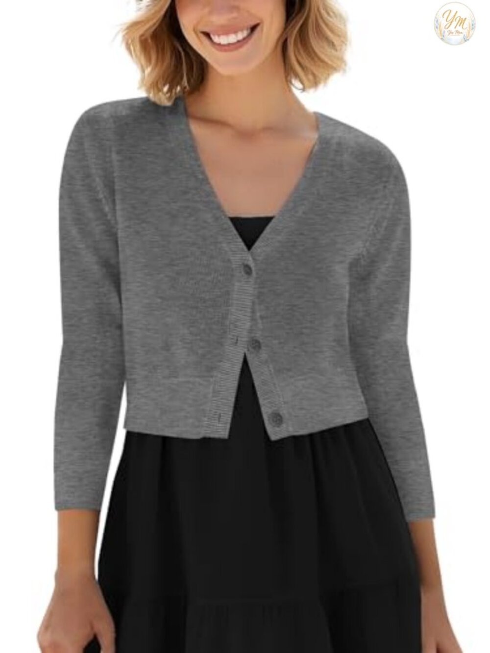 Cropped Cardigan Button Down Knitted Sweater 3/4 Sleeve V-Neck Shrug